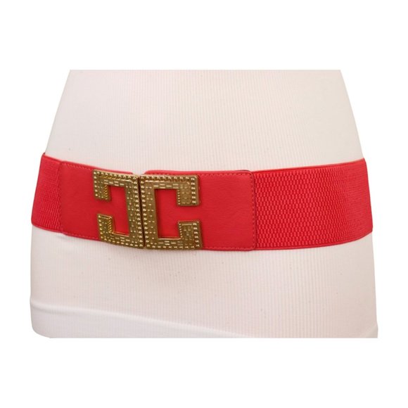 New Women Coral Pink Red Elastic Wide Fashion Belt Gold Metal C Buckle Size S M - Picture 5 of 17